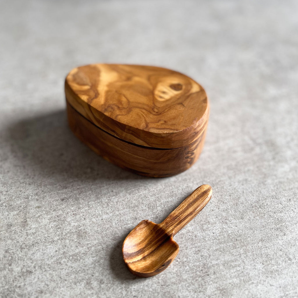 Handcrafted Olive Wood Salt Pot with Integrated Spoon