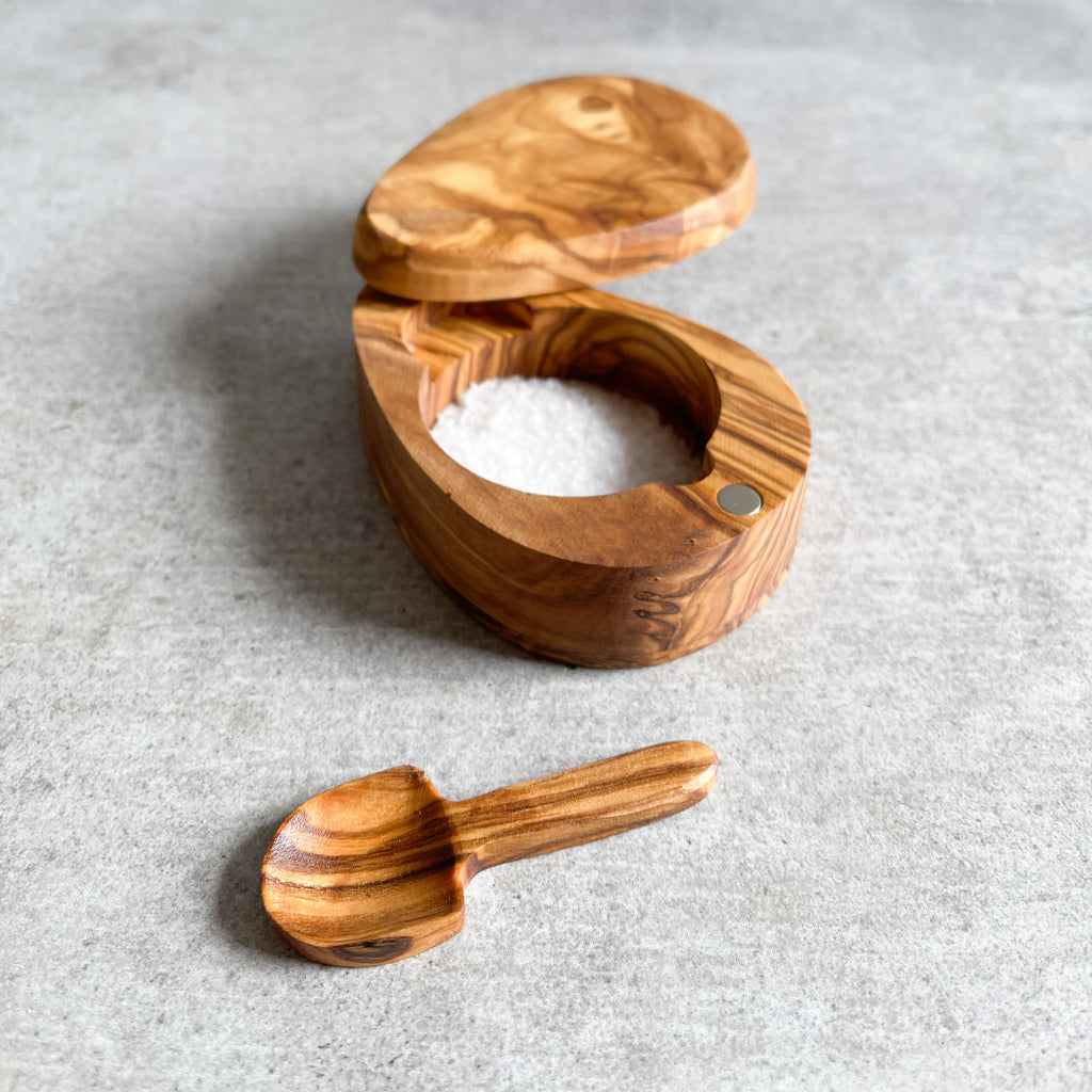 Handcrafted Olive Wood Salt Pot with Integrated Spoon