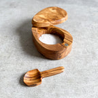 Handcrafted Olive Wood Salt Pot with Integrated Spoon