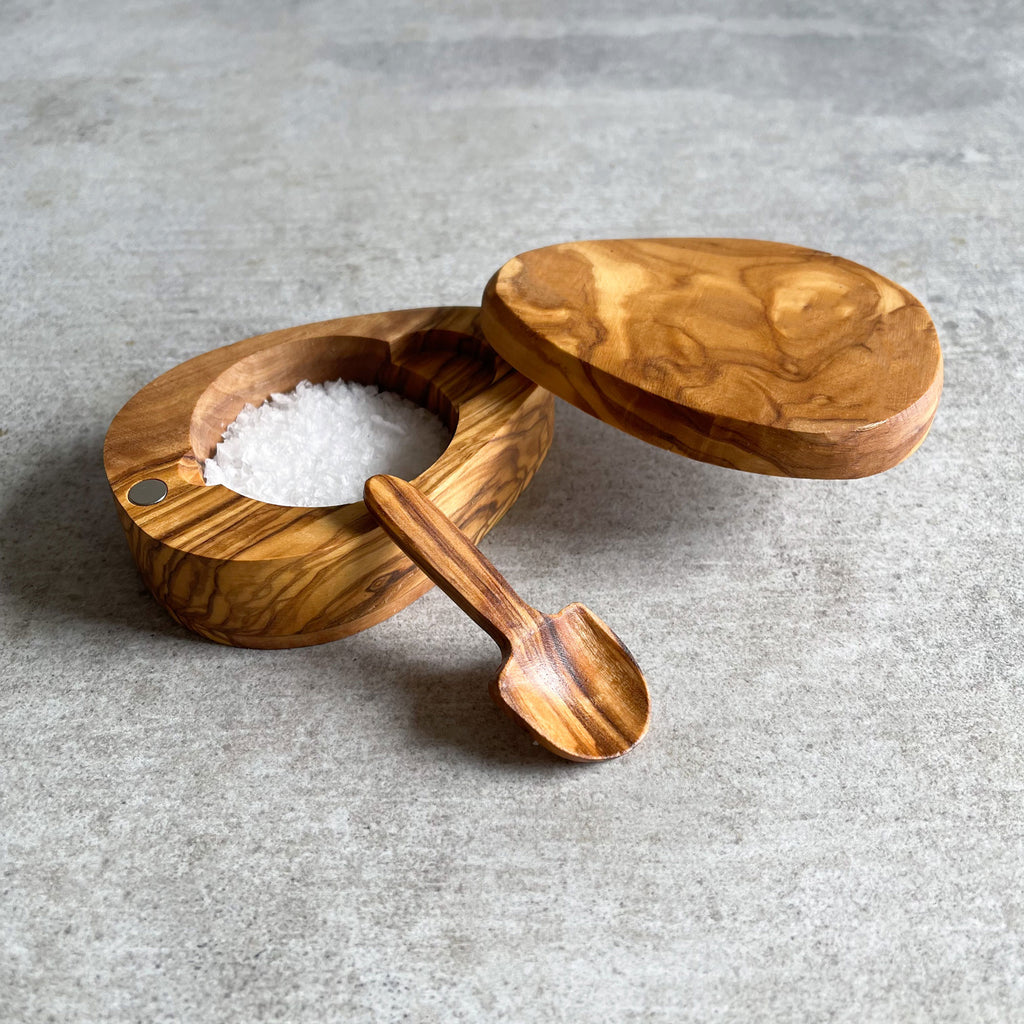 Handcrafted Olive Wood Salt Pot with Integrated Spoon