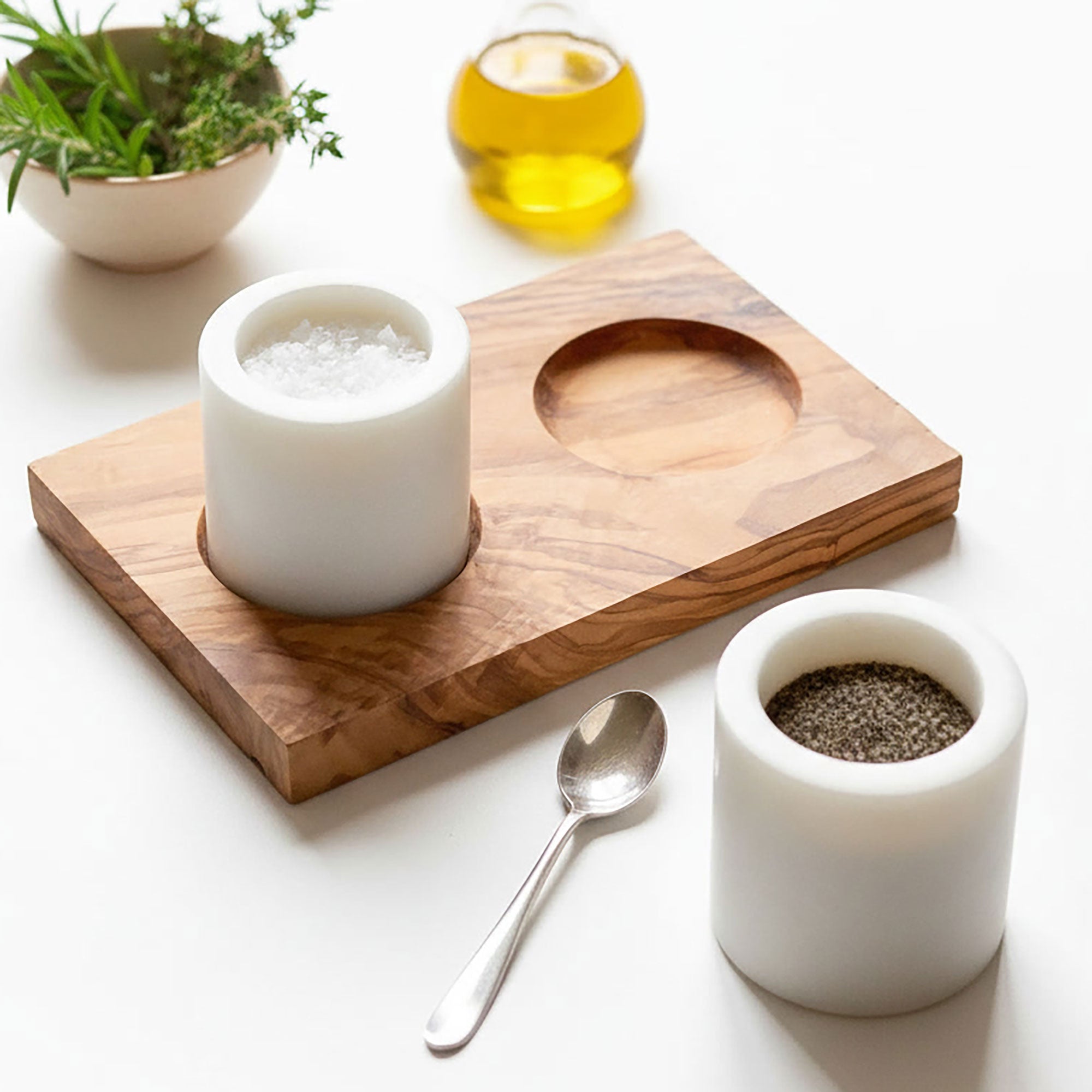 Salt and Pepper Marble Pinch Pots with Olive Wood Stand