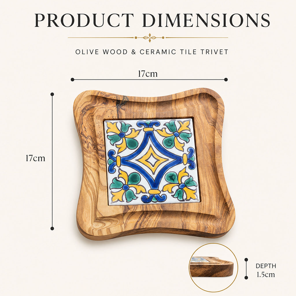 Olive Wood Trivet with Hand Painted Ceramic Tile