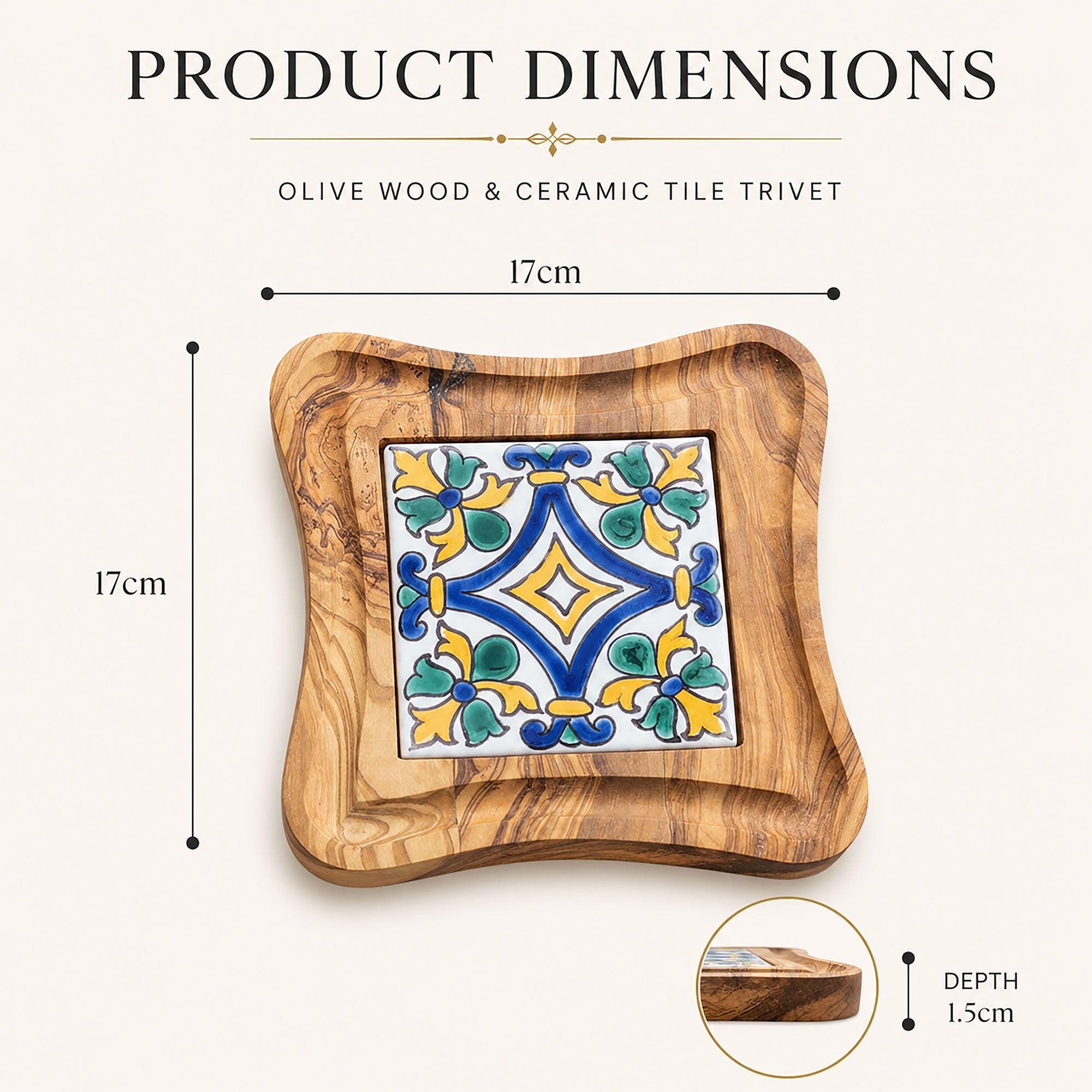 Olive Wood Trivet with Hand Painted Ceramic Tile