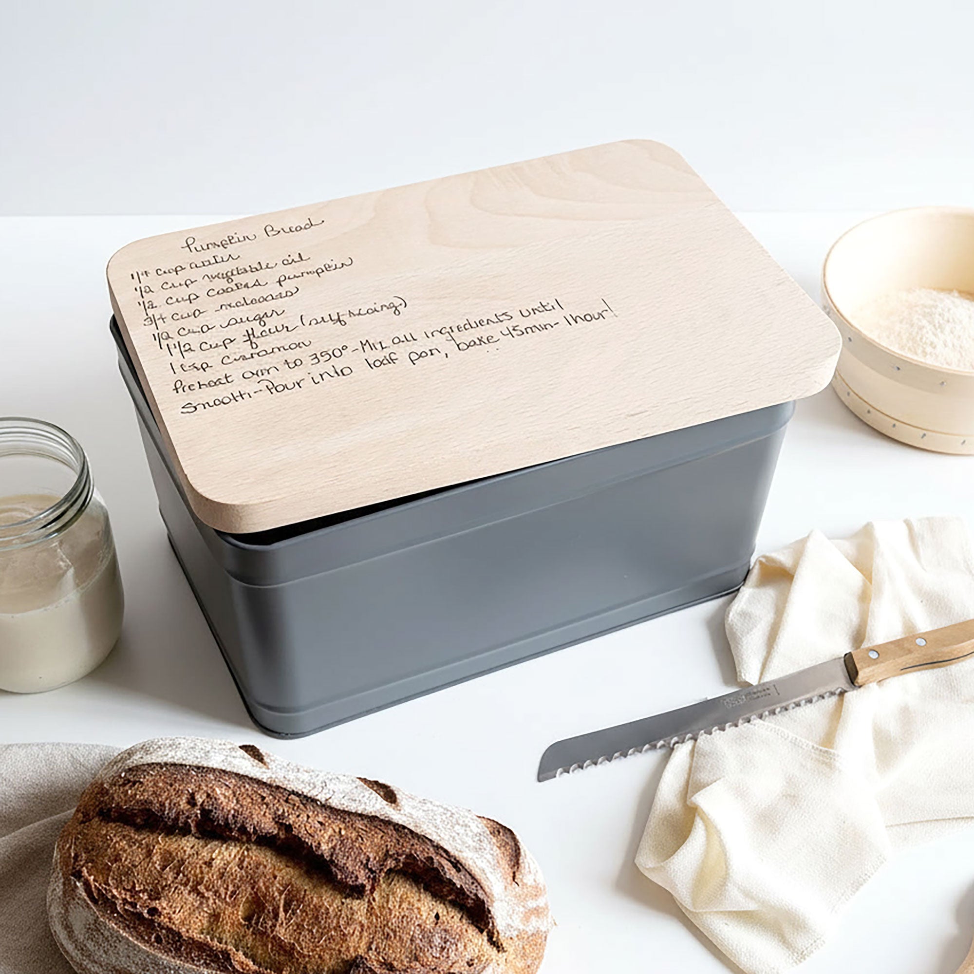 Personalised Family Recipe Bread Bin with Engraved Wooden Lid
