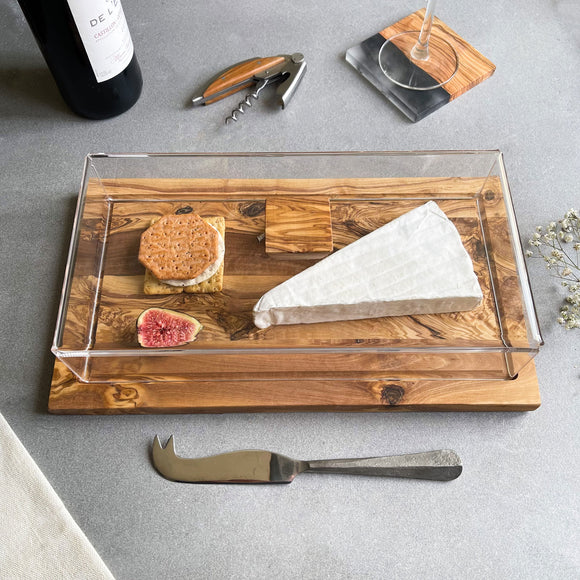Traditional Olive Wood Rectangular Cheese / Cake Board with Plastic Protective Dome