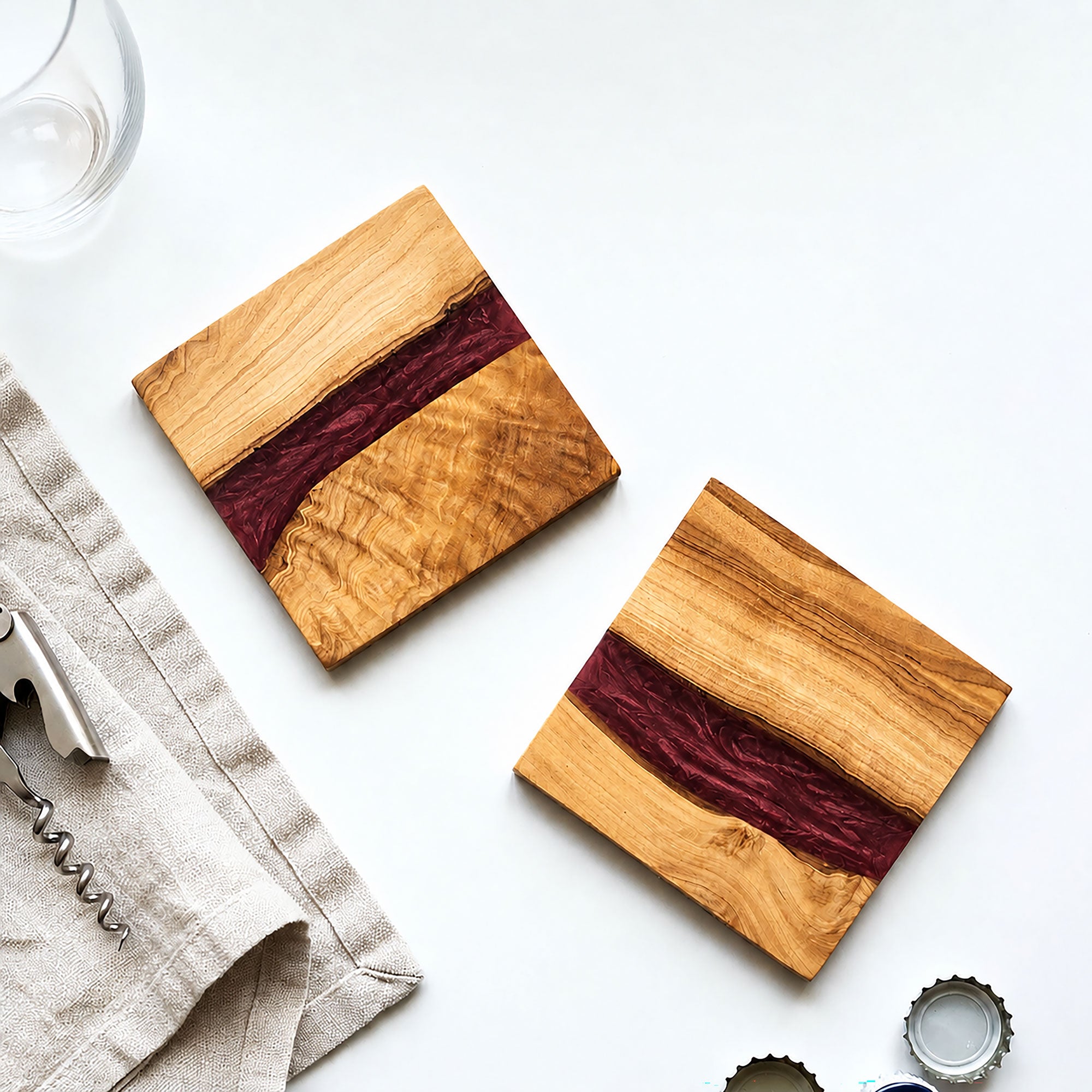 Handmade Olive Wood & Resin Drinks Coasters