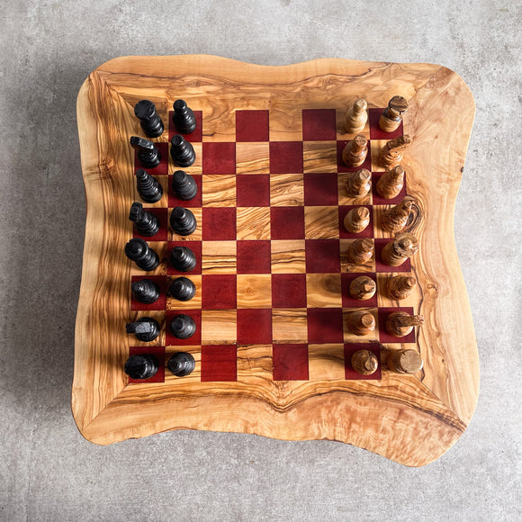 Rustic Olive Wood Chess Board with Chess Pieces