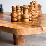 Rustic Olive Wood Chess Board with Chess Pieces