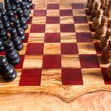 Rustic Olive Wood Chess Board with Chess Pieces
