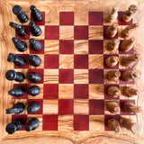 Rustic Olive Wood Chess Board with Chess Pieces