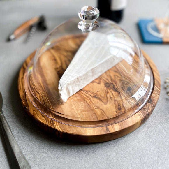 Traditional Olive Wood Round Cheese / Cake Board with Plastic Protective Dome