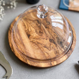 Traditional Olive Wood Round Cheese / Cake Board with Plastic Protective Dome