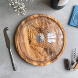 Traditional Olive Wood Round Cheese / Cake Board with Plastic Protective Dome