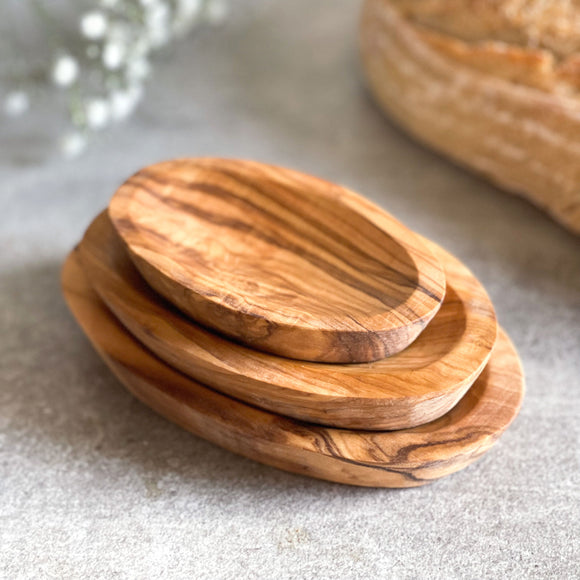 Set of 3 Olive Wood Small Stackable Condiment Dishes