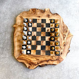 Rustic Olive Wood Chess Board with Chess Pieces