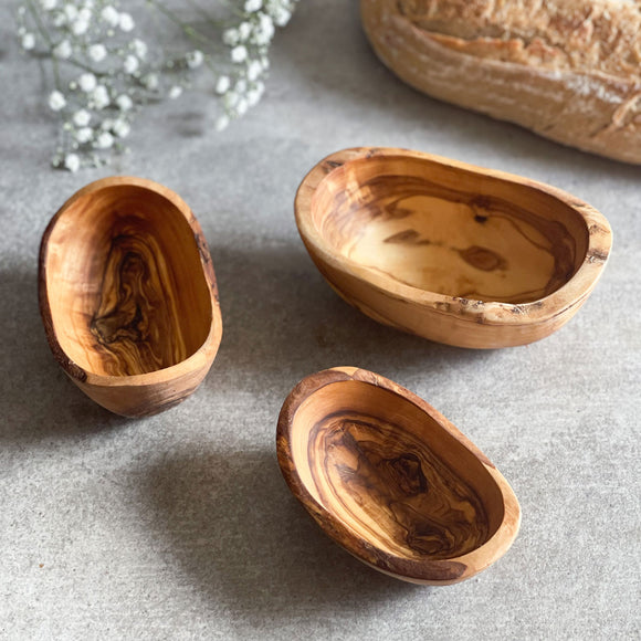 Set of 3 Rustic Olive Wood Small Stackable Condiment Dishes