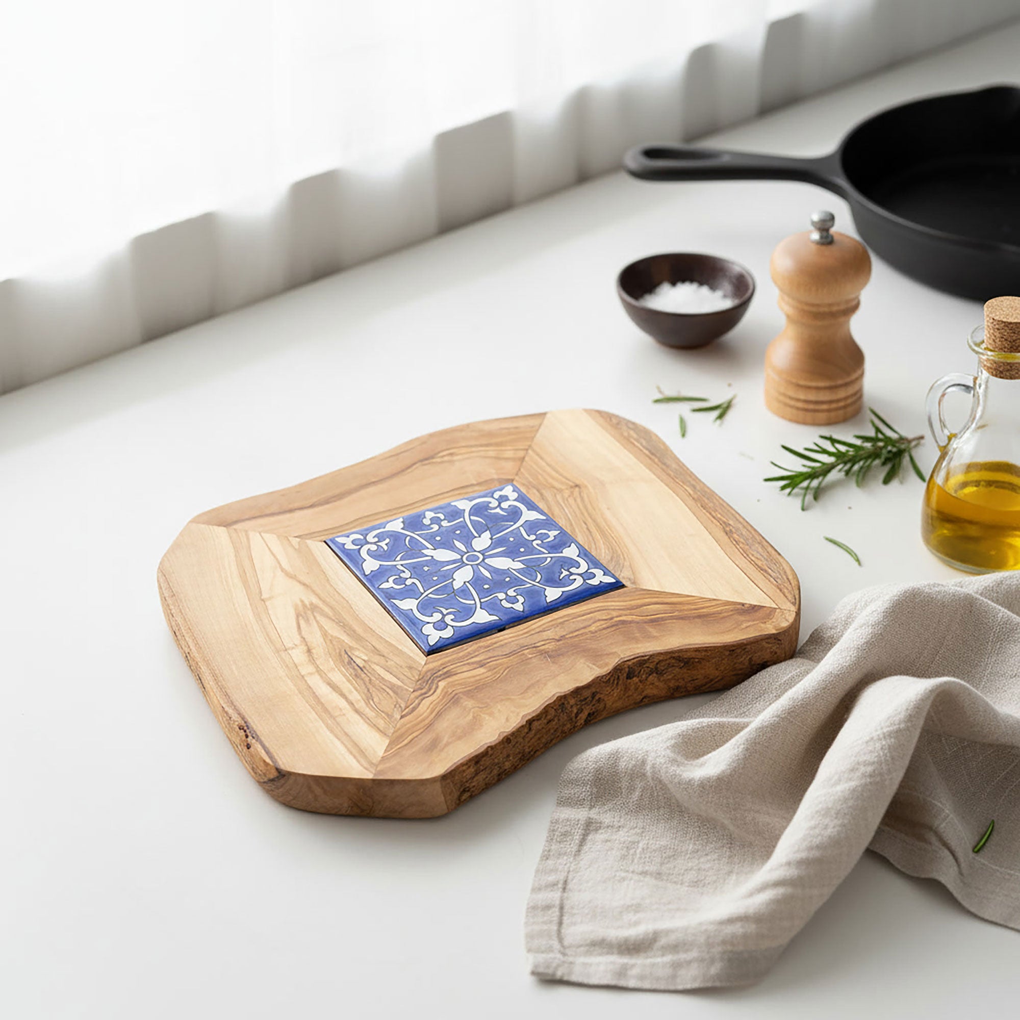 Rustic Olive Wood Trivet with Hand Painted Ceramic Tile