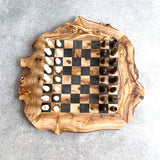 Rustic Olive Wood Chess Board with Chess Pieces