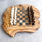 Rustic Olive Wood Chess Board with Chess Pieces