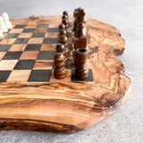 Rustic Olive Wood Chess Board with Chess Pieces
