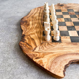 Rustic Olive Wood Chess Board with Chess Pieces