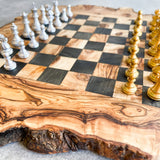 Rustic Olive Wood Chess Board with Chess Pieces