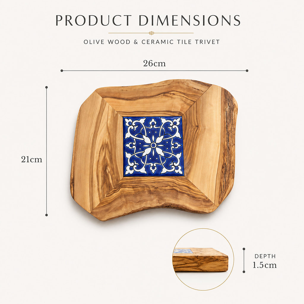 Rustic Olive Wood Trivet with Hand Painted Ceramic Tile