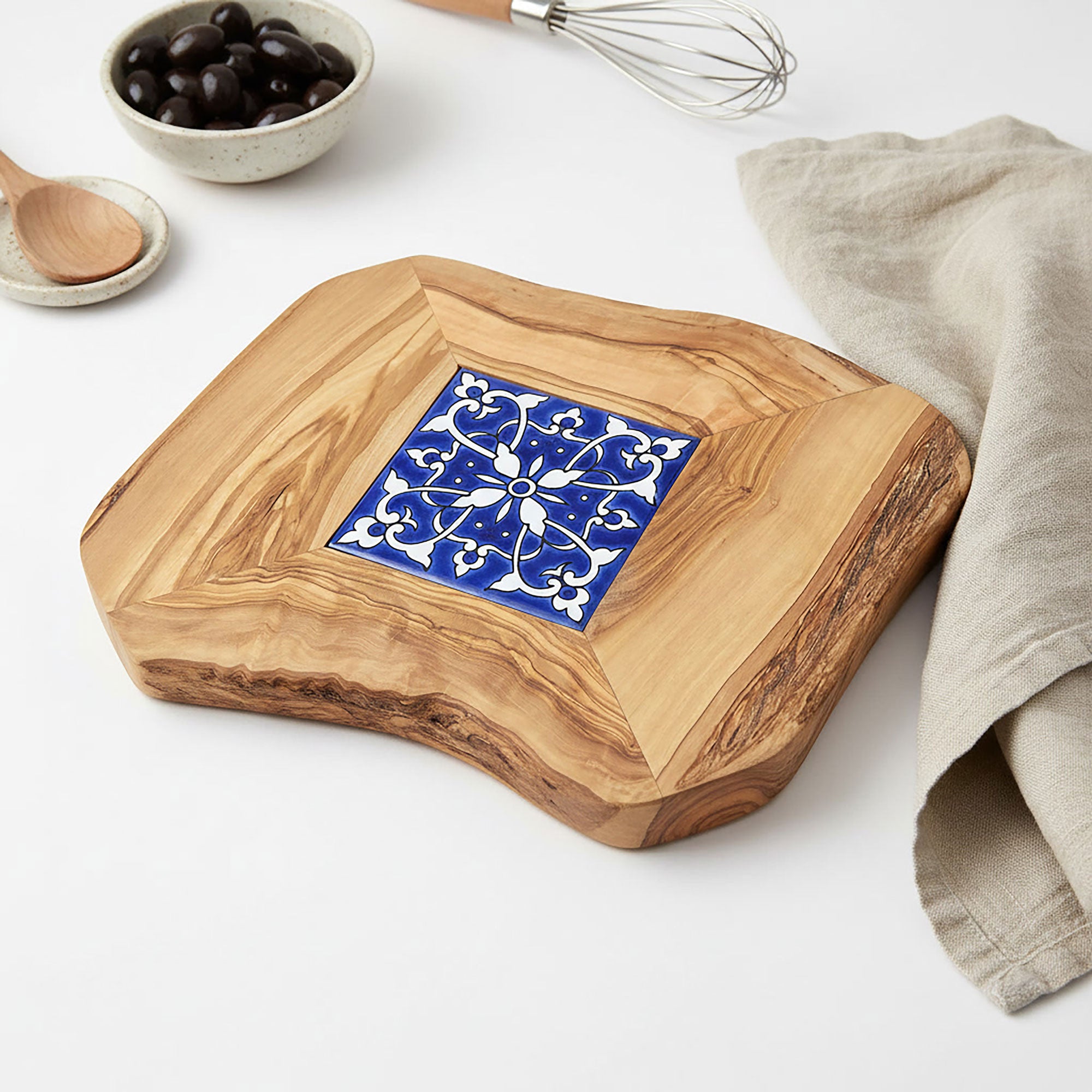 Rustic Olive Wood Trivet with Hand Painted Ceramic Tile
