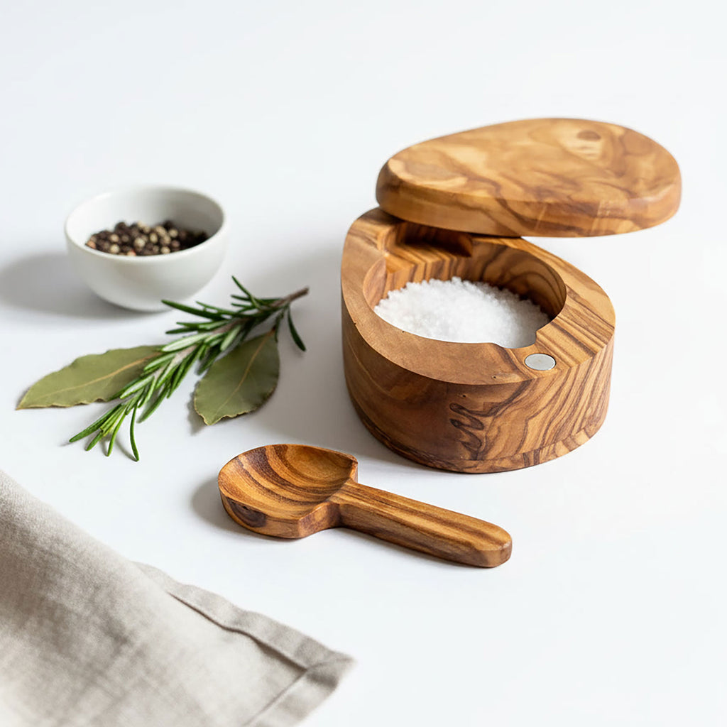 Handcrafted Olive Wood Salt Pot with Integrated Spoon