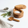 Handcrafted Olive Wood Salt Pot with Integrated Spoon