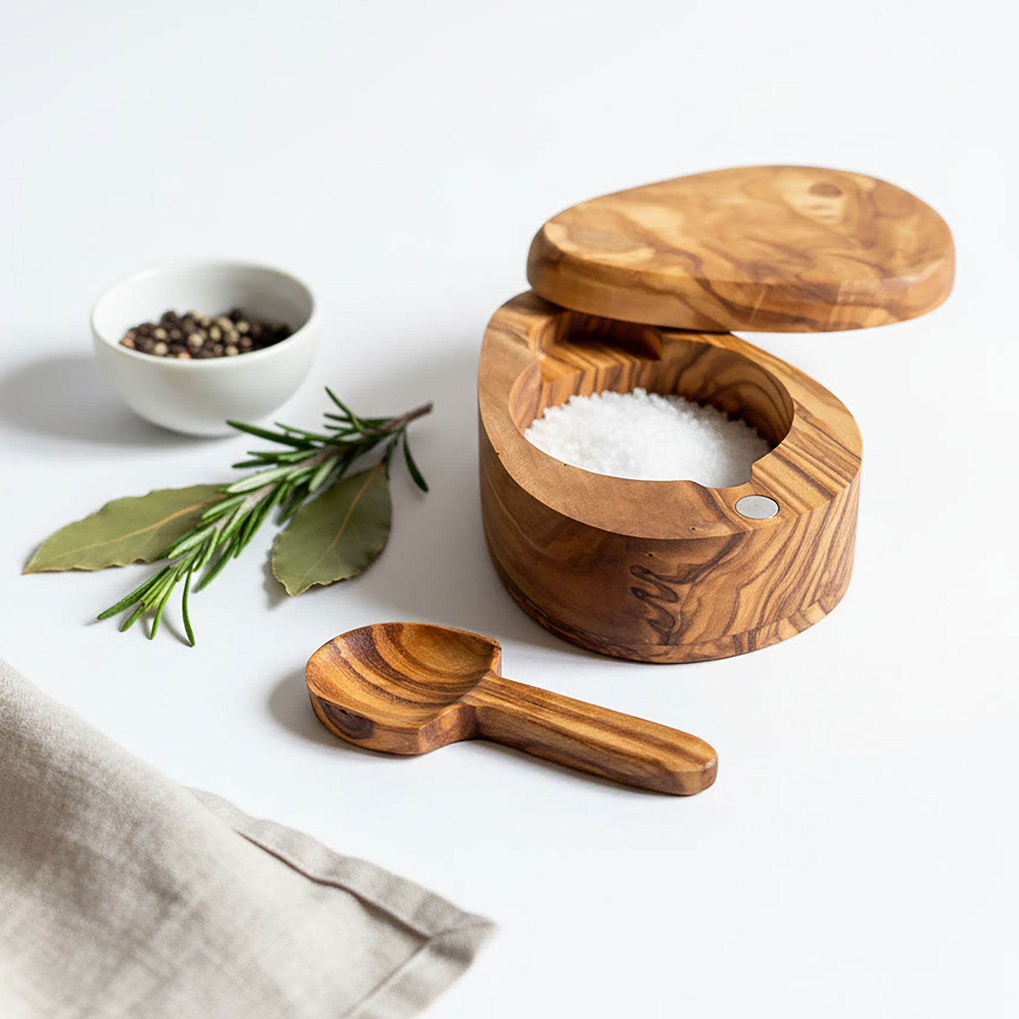 Handcrafted Olive Wood Salt Pot with Integrated Spoon