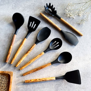 8 Piece Air Fryer Utensils - With Handmade Olive Wood Handles