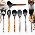 Silicone Air Fryer and Pan Kitchen Utensils - With Handmade Olive Wood Handles