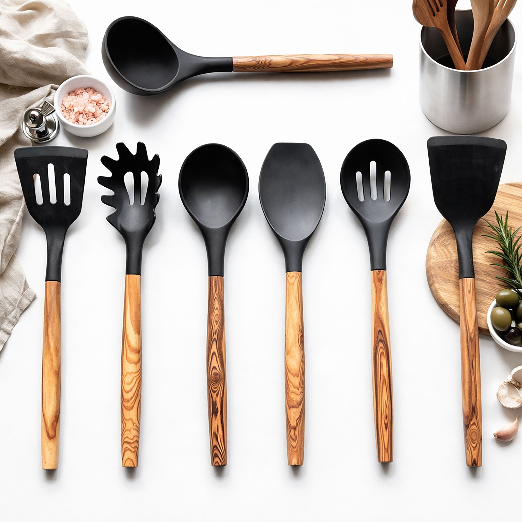 Silicone Air Fryer and Pan Kitchen Utensils - With Handmade Olive Wood Handles