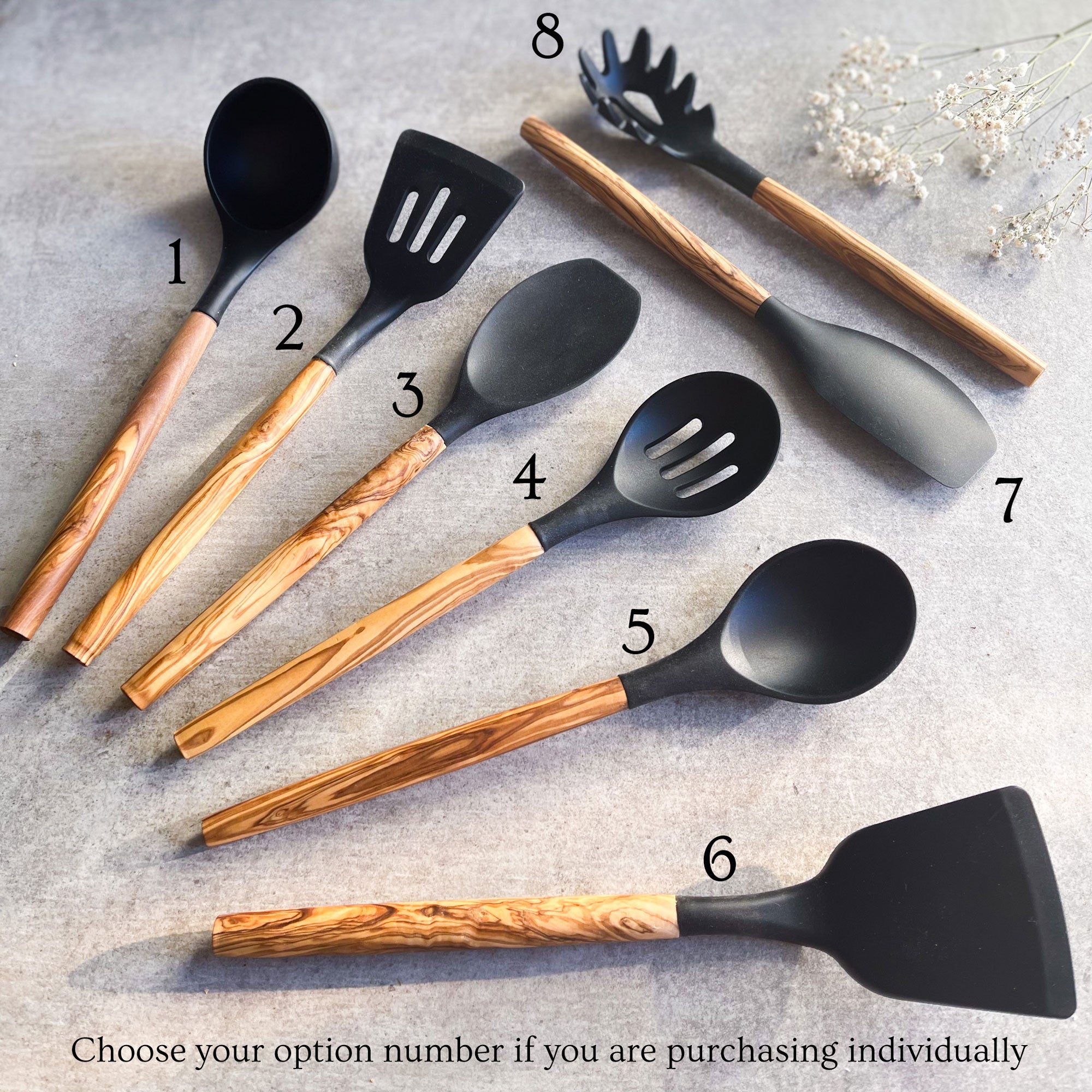 Silicone Air Fryer and Pan Kitchen Utensils - With Handmade Olive Wood Handles