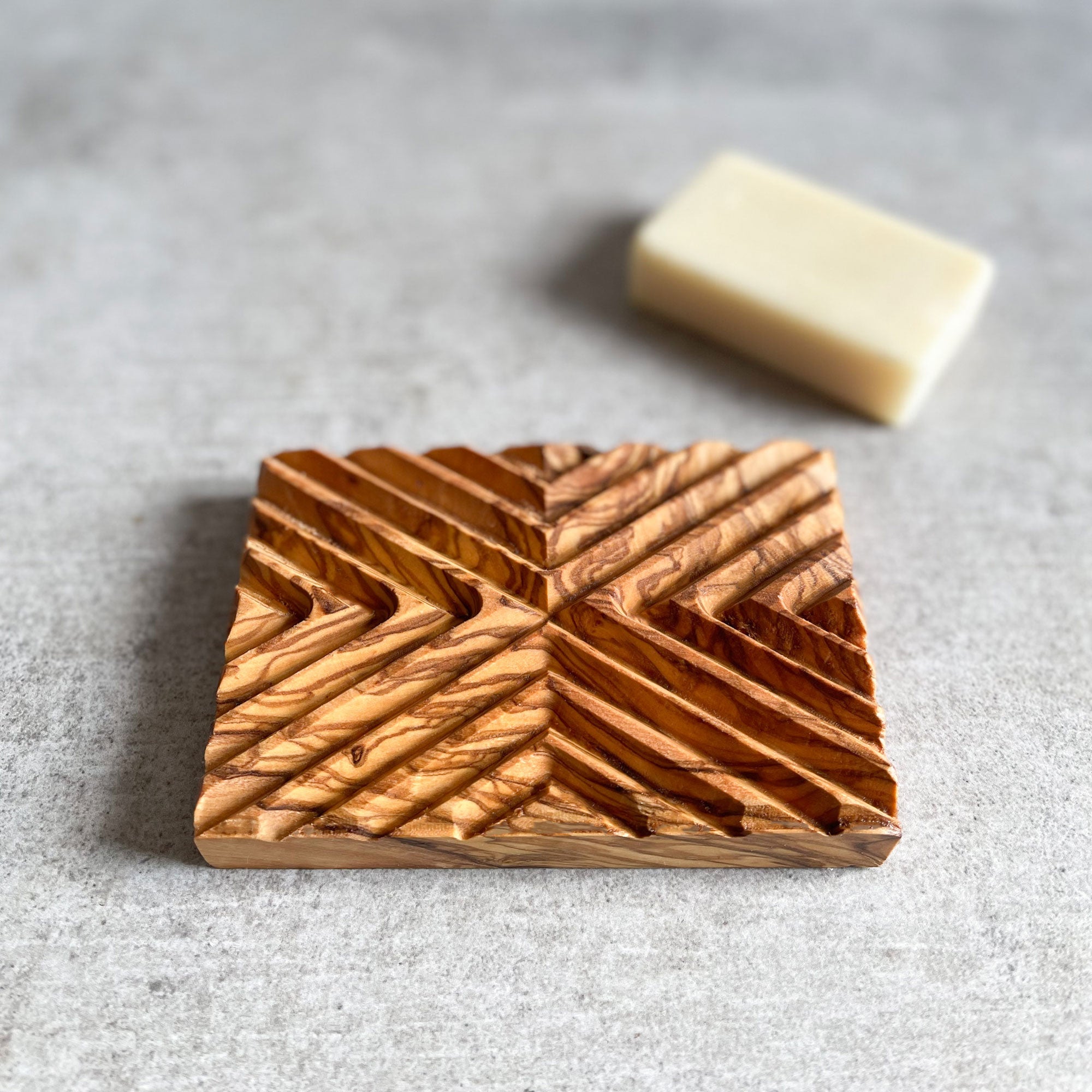 Natural Olive Wood Geometric Soap Dish/Holder