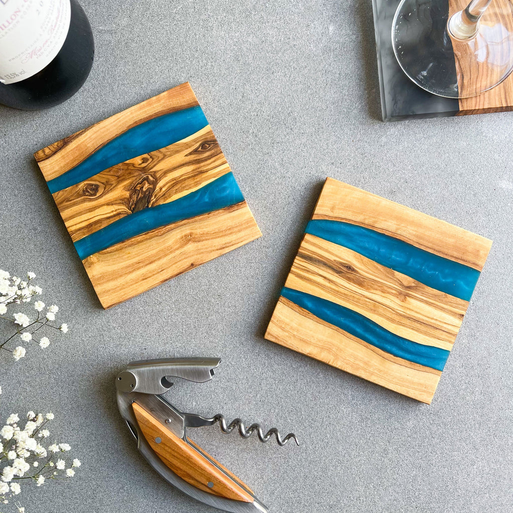 Handmade Rustic Olive Wood Drinks Coasters with Blue Resin