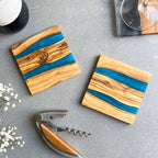 Handmade Rustic Olive Wood Drinks Coasters with Blue Resin