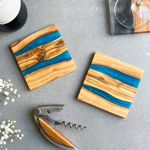 Handmade Rustic Olive Wood Drinks Coasters with Marbled Blue Resin