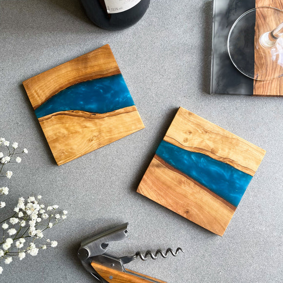 Handmade Rustic Olive Wood Drinks Coasters with Marbled Blue Resin