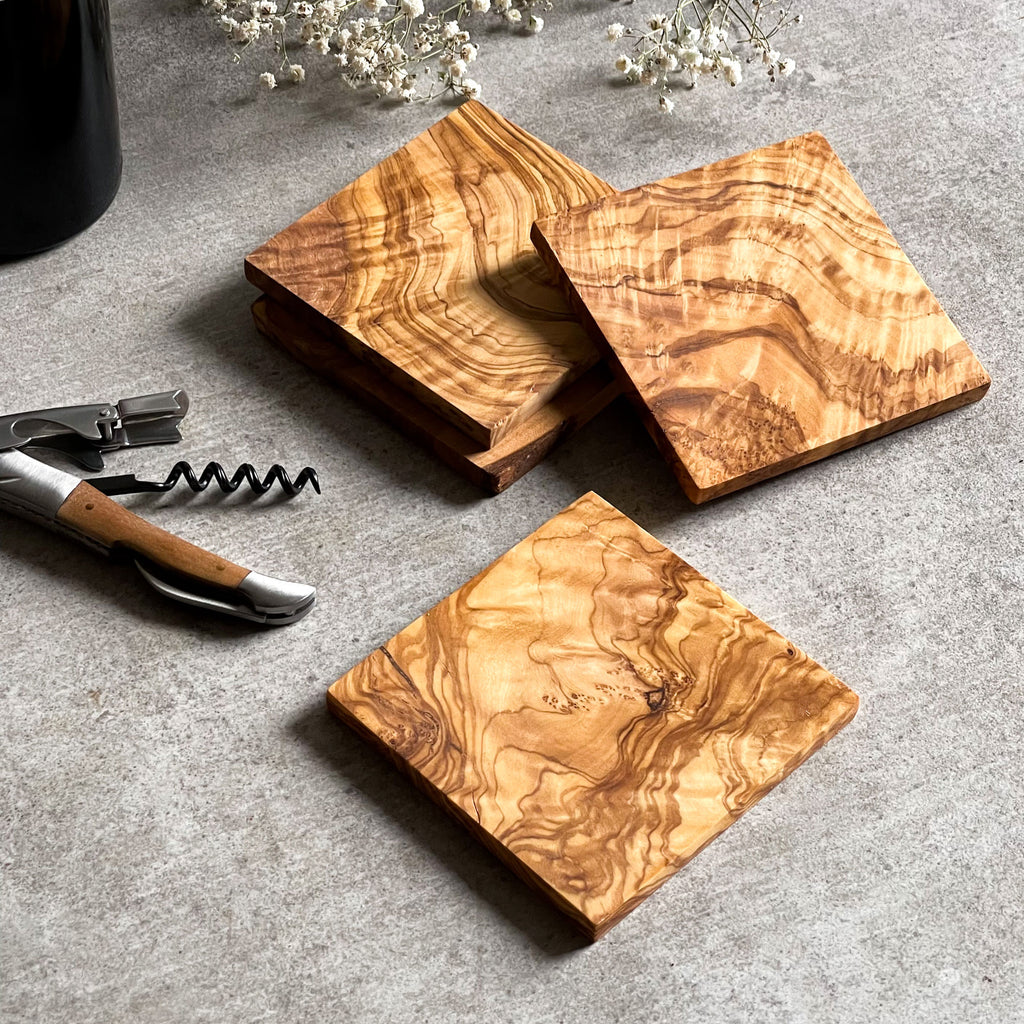 Italian Olive Wood Heart Drinks Coasters