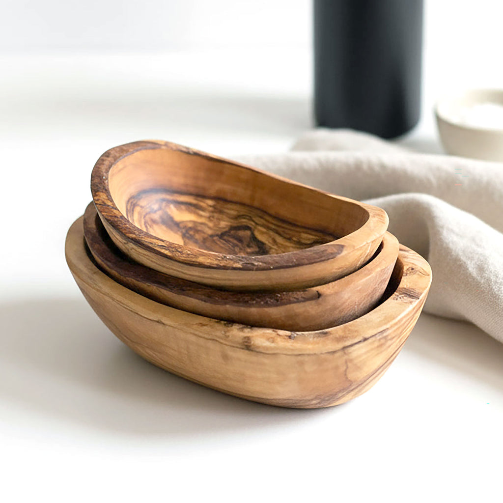 Set of 3 Rustic Olive Wood Small Stackable Condiment Dishes