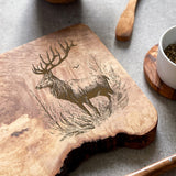 Rustic Olive Wood Stag/Deer Engraved Cheese Board