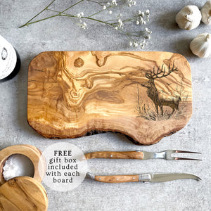 Rustic Olive Wood Stag/Deer Engraved Cheese Board