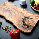 Rustic Olive Wood Stag/Deer Engraved Cheese Board