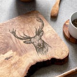 Rustic Olive Wood Stag Engraved Cutting Board