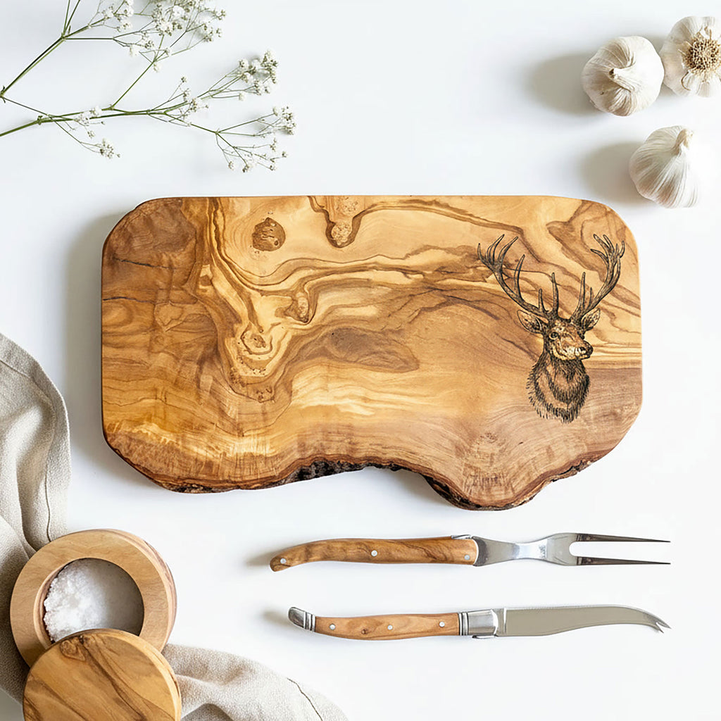 Rustic Olive Wood Deer Engraved Cutting Board