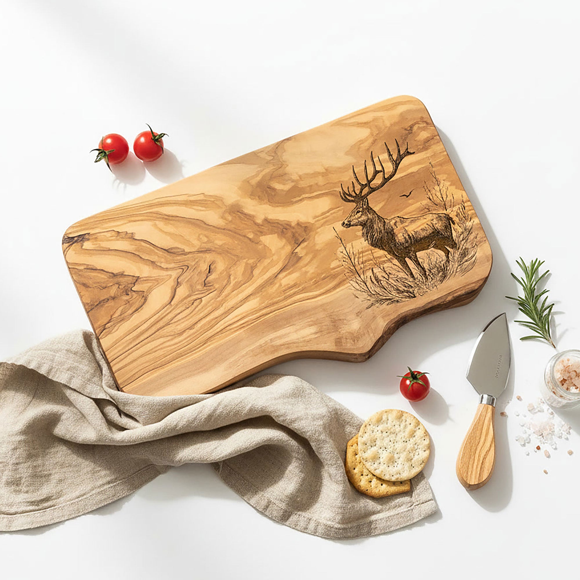 Rustic Olive Wood Stag/Deer Engraved Cheese Board