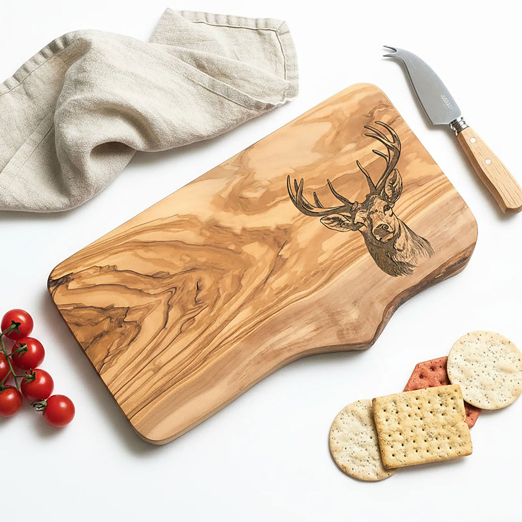 Rustic Olive Wood Stag Deer Engraved Cutting Board