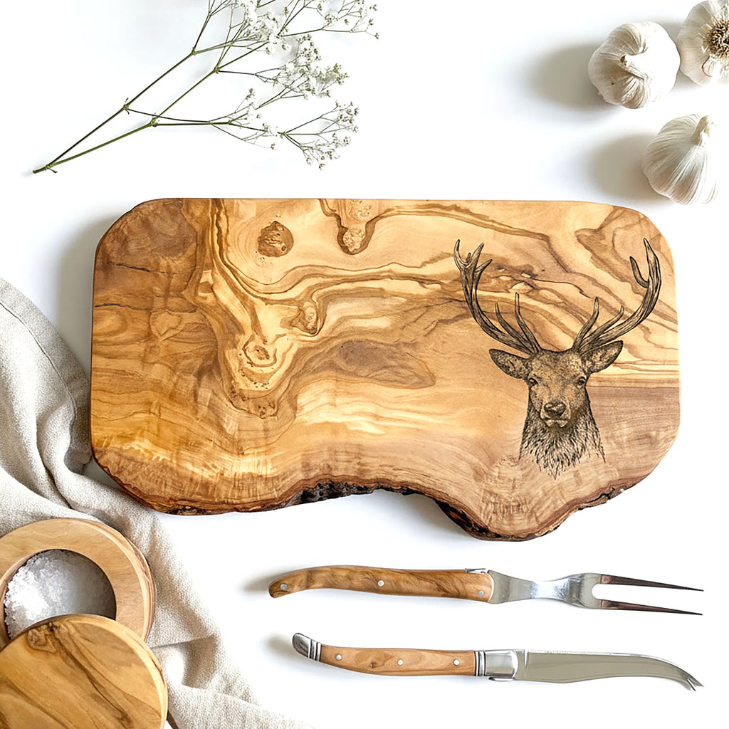 Rustic Olive Wood Stag Engraved Cutting Board